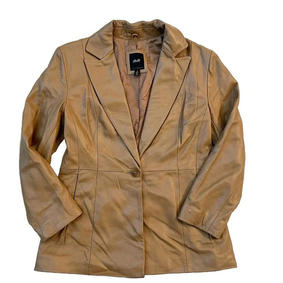 JLC New York Women’s Leather Jacket Blazer Size Small One Button Camel Brown - Picture 1 of 12